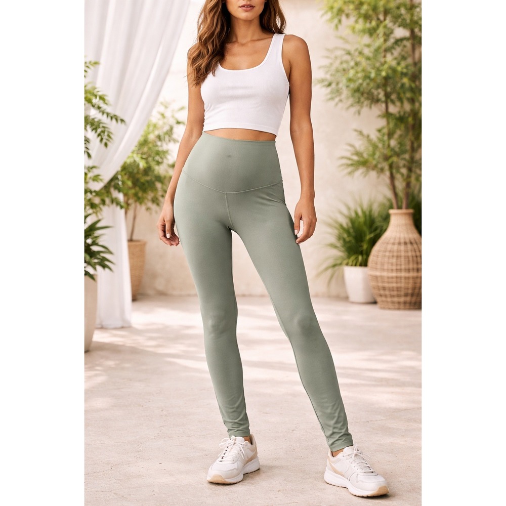 H&M MAMA Maternity Leggings Sage Green High Waist Over the Bump Size L Large